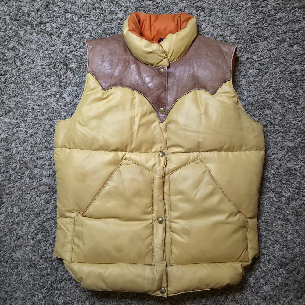 Vintage Rocky Mountain Featherbed Leather Prime Goose Down Vest Sz 9/10 Yellow